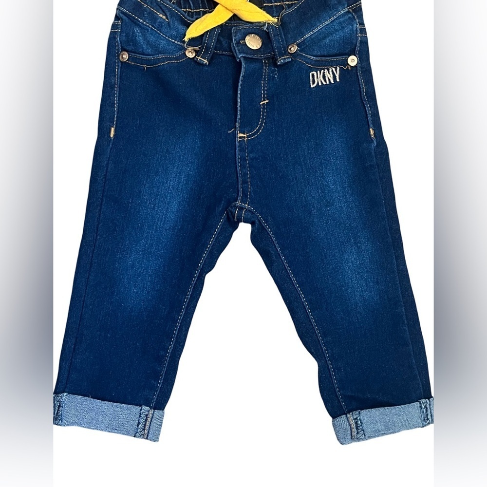 DKNY Girls Matching Set with Yellow T shirt and Denim Jeans. Size: 12M. - Picture 3 of 7